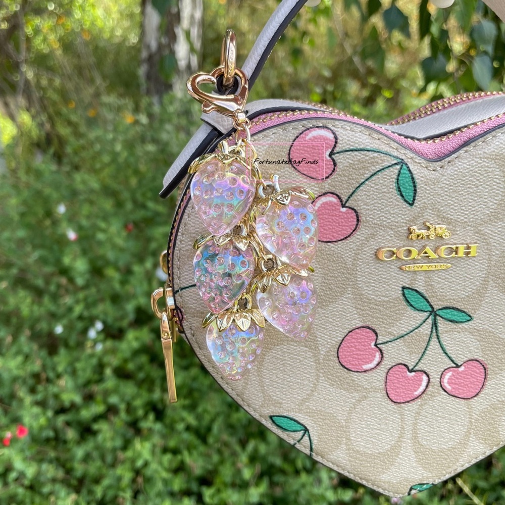 Iridescent Heart Strawberry Baby Pink Jelly Cluster Purse Bag Charm Kawaii Y2K - Picture 15 of 16